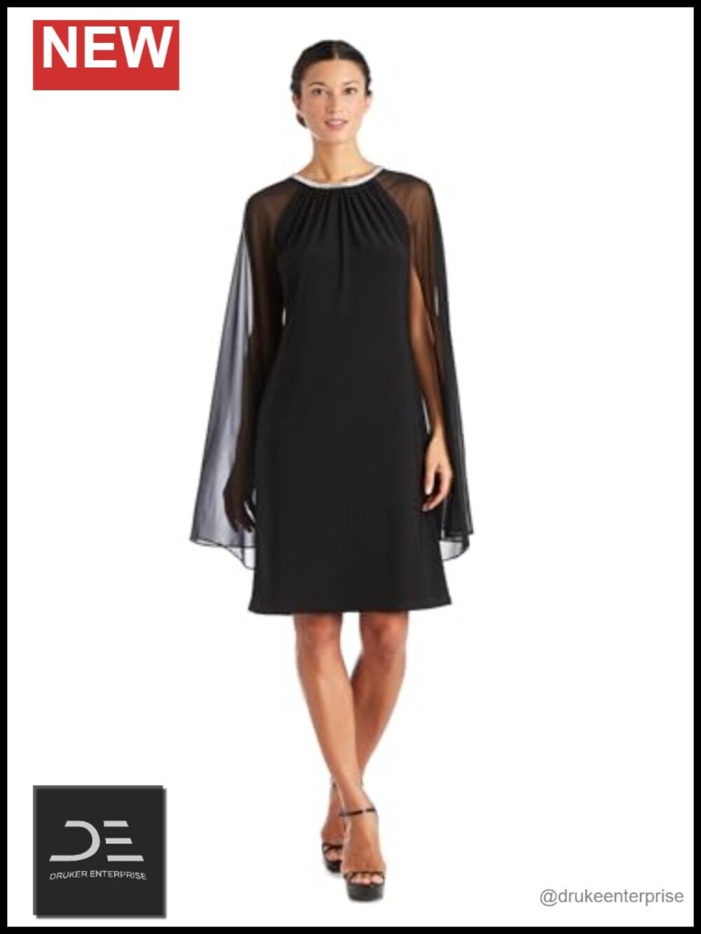 Ruched ITY Evening Dress with Jeweled Neckband and Capelet Sleeves